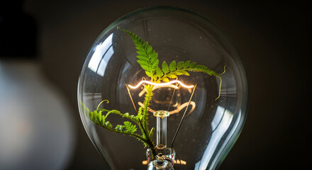 Eco-friendly light bulb with green leaves inside, symbolizing sustainable energy and environmental conservation.