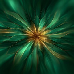 Obraz premium Abstract emerald floral burst with flowing gold lines and radiant center light