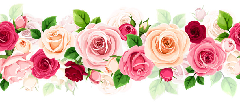 Floral seamless border with red, pink, and white rose flowers and green leaves. Vector horizontal seamless garland