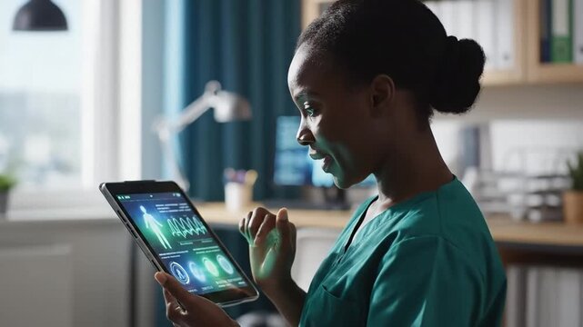 Focused female healthcare professional reviews patient data and medical charts on a tablet in a modern clinic setting demonstrating digital health technology adoption