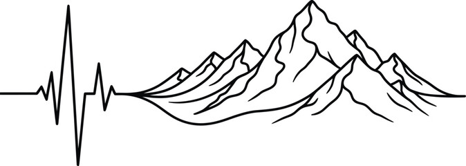 Black line art electrocardiogram heartbeat line merging into mountain range pulse