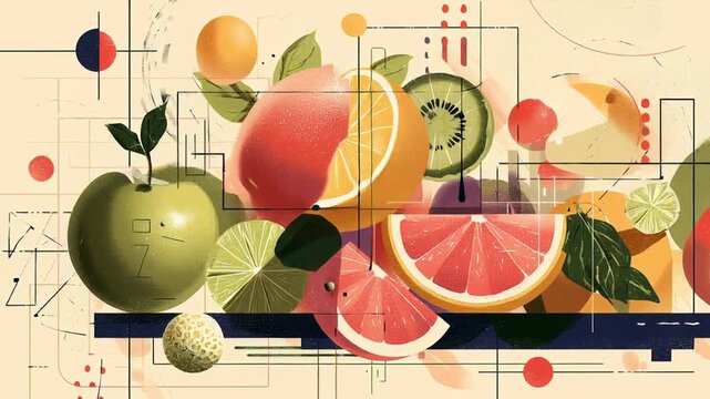 A colorful fruit salad with a green apple and a pink grapefruit. Editorial-style illustration combining human profile and flowing lines, representing cognitive flow and mental efficiency