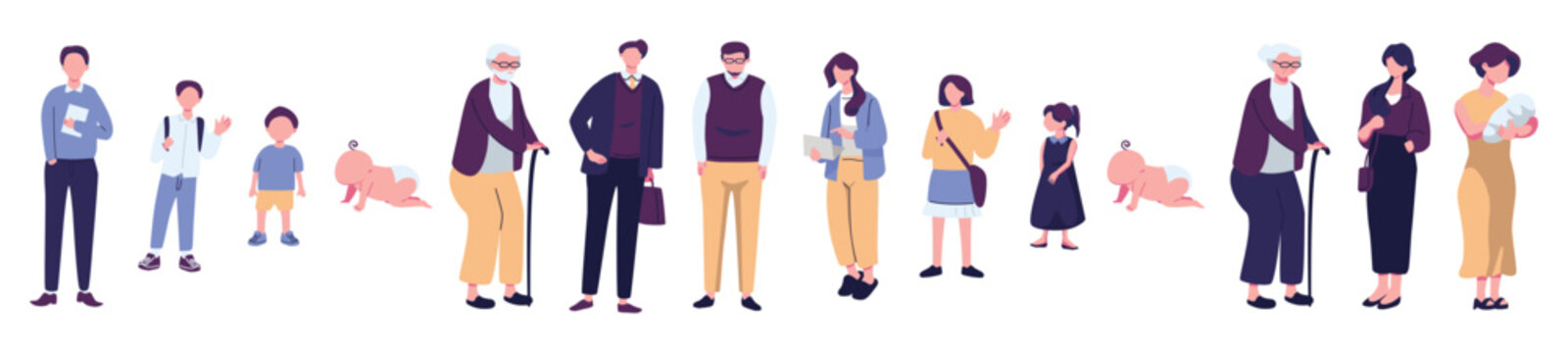Human life cycle flat vector illustration. Male person aging stages, guy growth phases set. Boy growing up from little child to oldster character. Infancy, childhood, adulthood and senility.