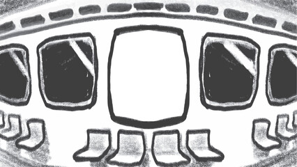 An artwork depicting the interior of a subway car, complete with seats, windows, and a blank poster in the center. The perspective mimics a fisheye lens.