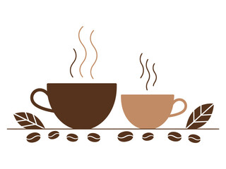 Obraz premium Two steaming coffee cups with coffee beans and leaves on a clean white background