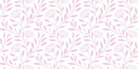 Seamless pink leafy branch pattern on soft light background. Elegant botanical repeating design ideal for wallpaper, textile, packaging, and surface . Delicate floral texture with modern minimal 