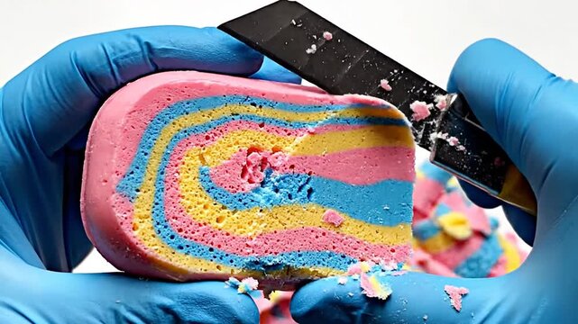 Hands in blue gloves cutting into a vibrant, swirled bath bomb or soap with a utility knife, revealing colorful layers.