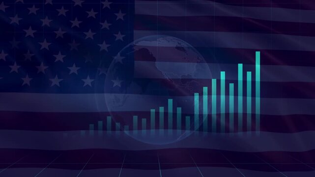 United states flag with Growing financial charts and diagrams showing increasing profits. Glowing line and bar chart showcasing financial growth