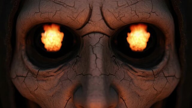 Close-up of a cracked, mummified face with glowing orange eyes reflecting fire