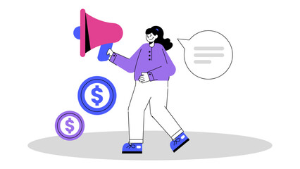 Fototapeta premium Woman using a megaphone for marketing promotion with money icons