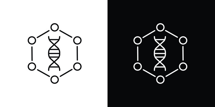 Single icon of abstract representation of a DNA double helix structure within a hexagonal molecular network, symbolizing genetics and biotechnology concepts