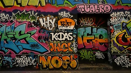 Obraz premium Vibrant urban graffiti wall with colorful street art tags and hip hop culture mural in city alley