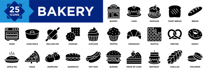 Bakery icon collection set. Containing Toast Bread, Bread, Cake, Oven, Rolling Pin, Donut, Pretzel, Waffle, Pancake, Croissant