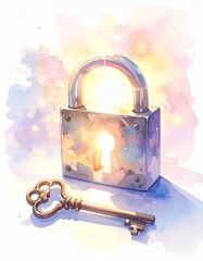 光が差し込む南京錠と鍵の水彩イラスト｜解決と突破を象徴するポジティブアート
Watercolor Illustration of a Padlock and Key with Light Symbolizing Solution and Breakthrough