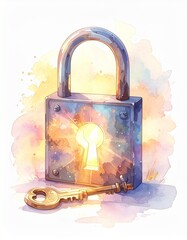 光が差し込む南京錠と鍵の水彩イラスト｜解決と突破を象徴するポジティブアート
Watercolor Illustration of a Padlock and Key with Light Symbolizing Solution and Breakthrough