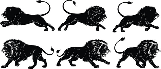 Collection of six aggressive male lion silhouettes in dynamic running and roaring poses, showcasing strength, courage, royalty, power, and African safari wildlife themes for various branding designs. © Krisna