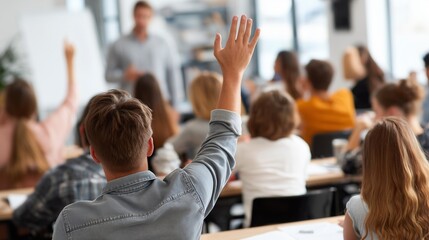 Students attending a class, one student raising a hand to participate