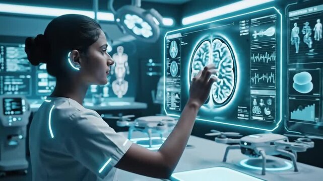 Focused female scientist analyzes complex DNA sequencing data on a futuristic holographic display in a high-tech laboratory setting showcasing innovation and medical research