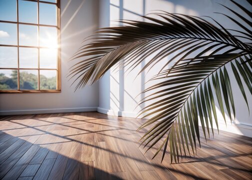 Soft pastel hues dance across a serene summer studio background, as sunlight filters through an elegant wooden palm tree branch on a stylish pastel fl