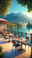 Fototapeta premium A serene outdoor cafe on a picturesque terrace overlooking a tranquil lake