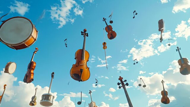 Musical Instruments Floating in the Sky - A Whimsical Symphony.