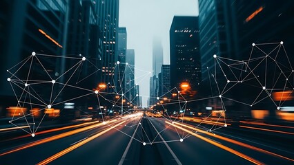 City street at dusk with glowing network connections overlaying modern skyscrapers and illuminated road