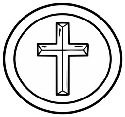 Obraz premium Simple line art illustration of a Christian cross enclosed within a double circle, symbolizing faith and spirituality.