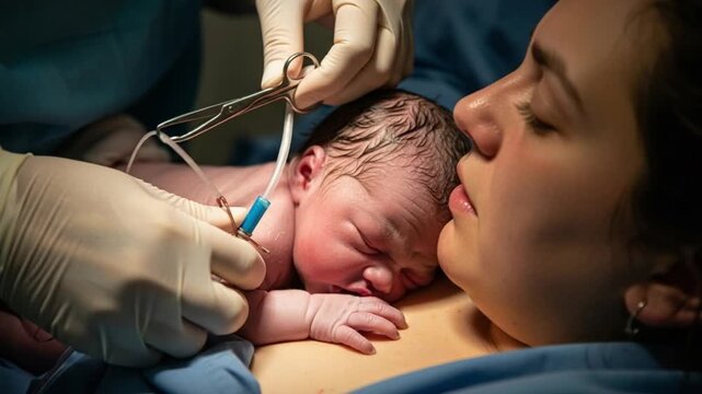 Mother holding newborn baby on her chest during umbilical cord cutting
