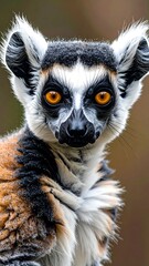 Fototapeta premium Ring-tailed lemur face with orange eyes stares intently into the camera, against a blurred, soft-focus background