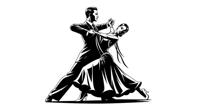Couple dancing tango together in a graceful, fluid motion, captured from a side viewpoint.