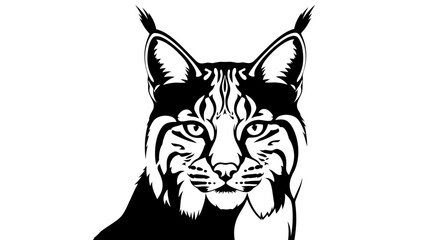 Obraz premium A detailed black and white illustration of a lynx facing forward with piercing eyes and distinctive fur patterns