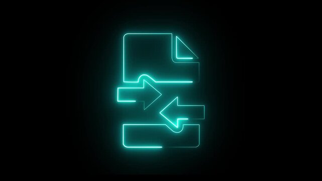 Cyan neon glowing abstract animation of two documents with arrows showing data transfer and exchange on a black background, representing connectivity and information flow, a seamless loop.