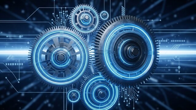 Interconnected glowing blue gears and cogs representing digital technology and mechanical engineering on a circuit board background.