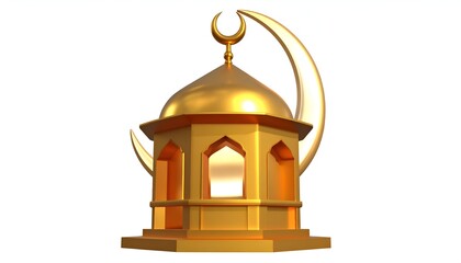 A golden, ornate Islamic-style lantern with a crescent moon detail against a white background