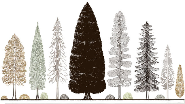 Ilustraci&oacute;n detallada de varios pinos y &aacute;rboles de hoja perenne para proyectos de paisajismo con fondo blanco y texturas de estilo transparente.