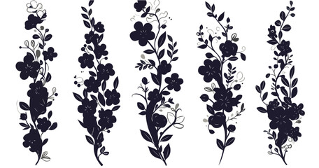 Conjunto de siluetas de flores y ramas decorativas en color negro sobre fondo blanco, ideal para dise&ntilde;os elegantes y bordes bot&aacute;nicos art&iacute;sticos.