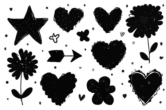 Conjunto de elementos gr&aacute;ficos estilo garabato con corazones negros, flores silvestres y una estrella para proyectos de dise&ntilde;o transparente.
