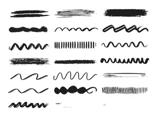 Conjunto de elementos gr&aacute;ficos con trazos de pincel negro, l&iacute;neas onduladas y texturas de pintura transparente para proyectos de arte visual.