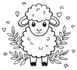 Fototapeta premium Cute fluffy sheep illustration with leaves and hearts perfect for children's art and design