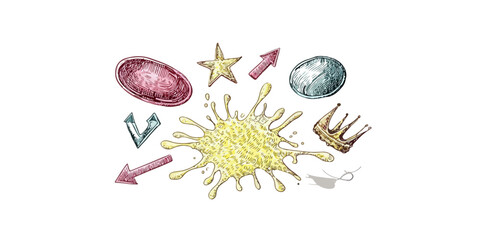 Colecci&oacute;n de elementos gr&aacute;ficos dibujados a mano con salpicadura amarilla, estrella dorada, flechas rosas y corona sobre fondo blanco transparente.