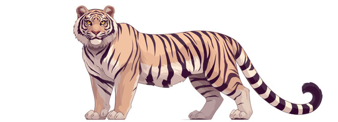 Un majestuoso tigre siberiano ilustrado de cuerpo entero con pelaje rayado, aislado sobre un fondo transparente para uso en composiciones digitales.