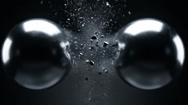 3D Animation of Two Silver Metal Spheres Colliding and Exploding into Debris on Black Background, physics motion