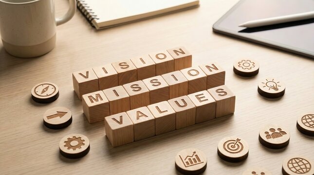 Wooden cubes spelling 'VISION', 'MISSION', and 'VALUES' displayed separately on desk, symbolizing strategy and leadership principles