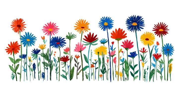 Bunte Blumenwiese mit verschiedenen Bl&uuml;ten und gr&uuml;nen Stielen auf wei&szlig;em Hintergrund