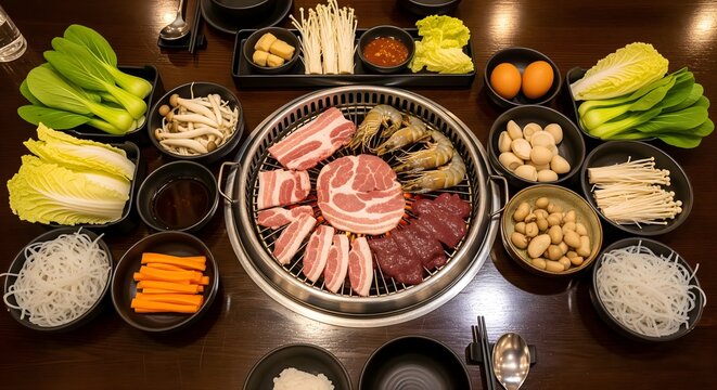 Top View of Thai Moo Krata Barbecue with Meat, Shrimp, and Vegetables