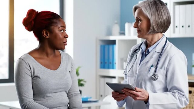 Doctor consulting with pregnant woman in medical office setting with care and professionalism