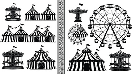 Carnival amusement park silhouettes set featuring circus tents ferris wheel carousel fair rides black vector illustration isolated white background © MstSalina
