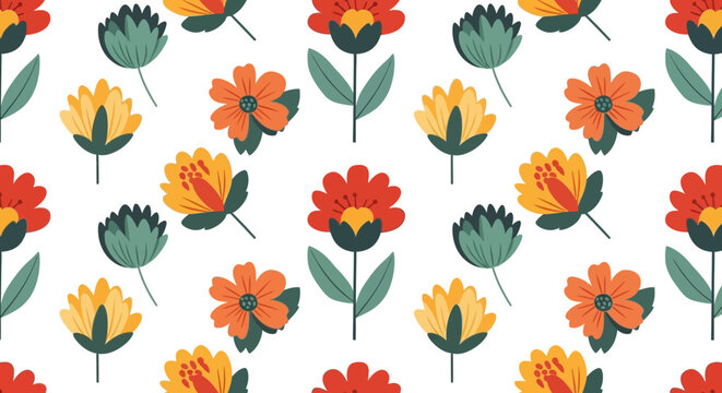 A vibrant floral pattern featuring colorful flowers and leaves on a white background from a direct viewpoint