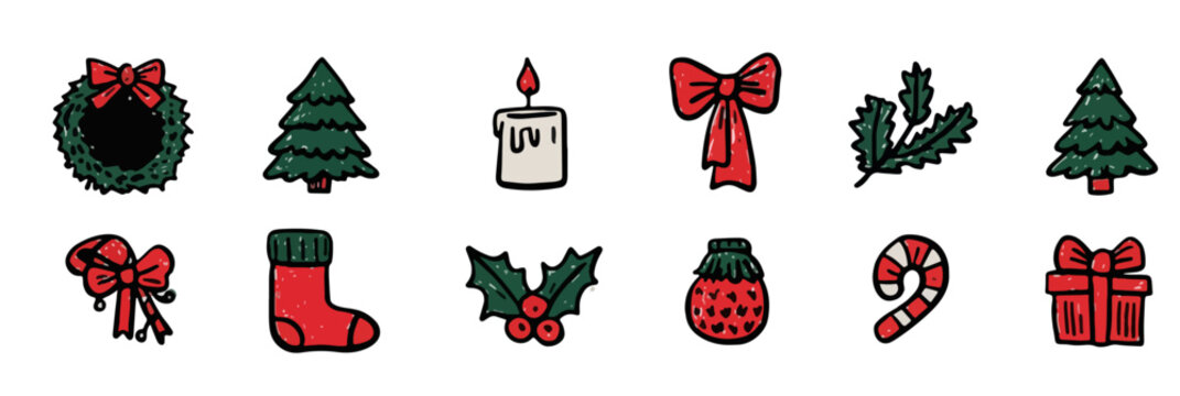 Festliche Weihnachtssymbole wie Tannenbaum, Geschenk und Kerze auf transparentem Hintergrund