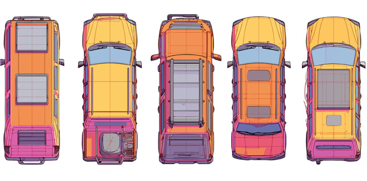 F&uuml;nf bunte Transporter von oben mit transparentem Hintergrund, ideal f&uuml;r Designprojekte.